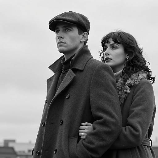 Black and White Portrait of Couple in Vintage Coats