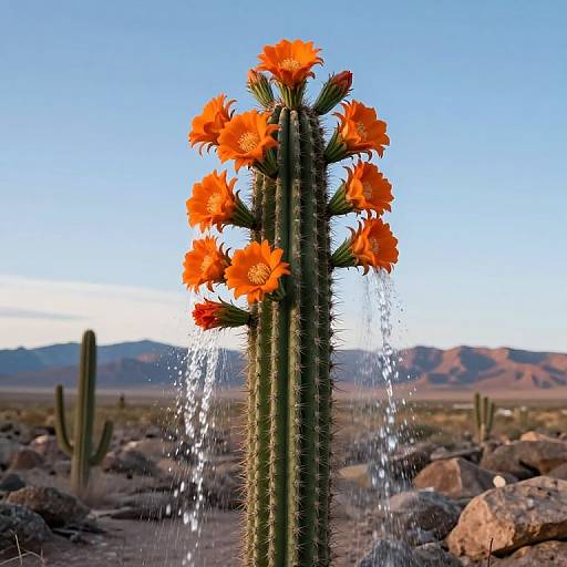 Photograph of a tall, green cactus with vibrant orange flowers and drooping water droplets, set against a clear blue sky and rocky desert landscape
