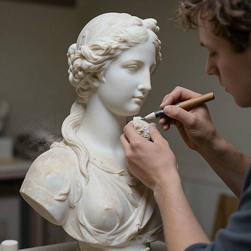 Photograph of a sculptor meticulously adding detail to a white marble bust of a woman with wavy hair, using a chisel.