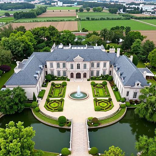 Aerial View of Grand Estate with Fountain