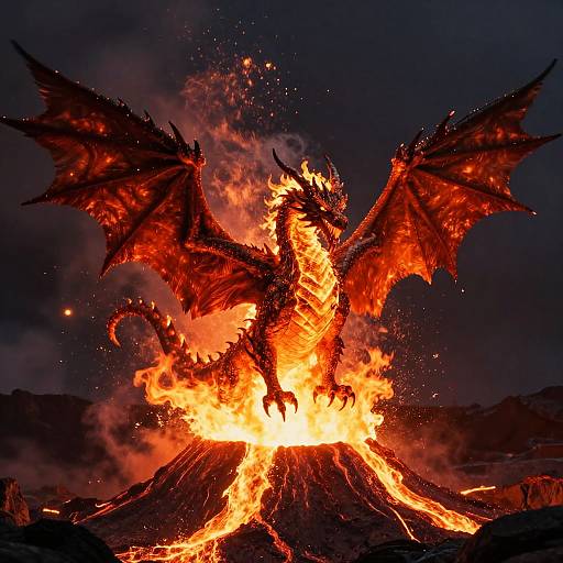 Photograph of a fiery red and orange dragon with large wings rising from a blazing volcanic crater against a dark, smoky night sky.