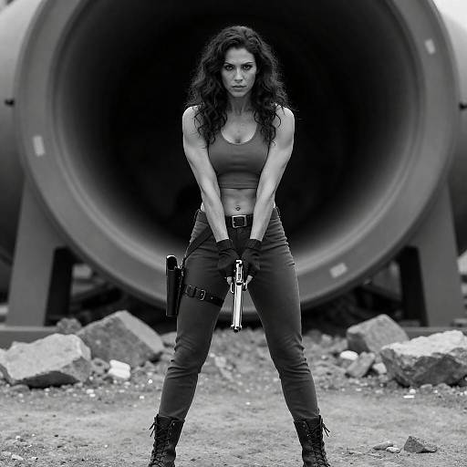Muscular Woman With Gun at Ruins
