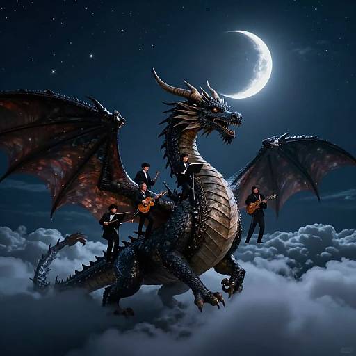 Digital fantasy artwork of a dark, scaly dragon with red wings, moonlit sky, and two musicians riding on its back amidst clouds.