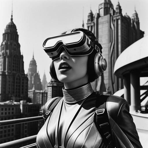Futuristic Woman with VR Goggles in Sci-Fi Cityscape