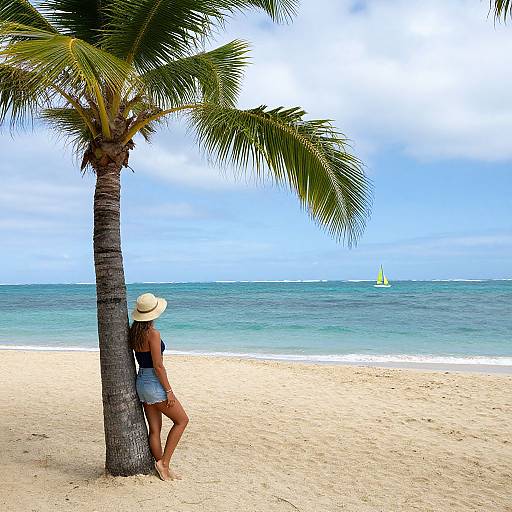 Photograph of a woman in a white hat and denim shorts leaning against a palm tree on a sunny beach, with turquoise ocean and a small sailboat