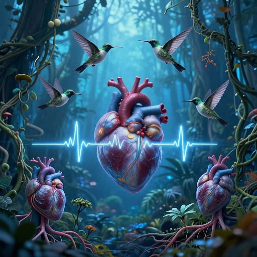 Digital artwork: Vibrant, surreal forest scene with glowing blue heart at center, surrounded by hummingbirds, illuminated by heartbeat line, surrounded by lush green