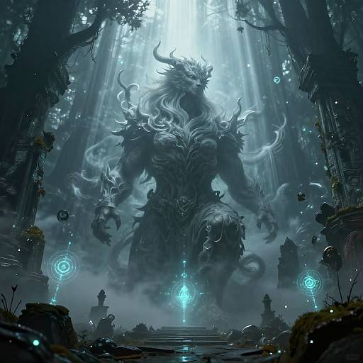 Digital fantasy artwork of a towering, horned, humanoid beast with glowing blue runes, surrounded by mist, ruins, and ethereal light.