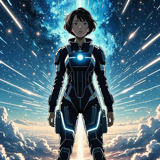Anime Sci-Fi Pilot with Glowing Nebula Background