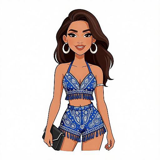 Digital illustration of a smiling woman with long brown hair, wearing a blue patterned halter top and matching shorts, large white earrings, and holding a
