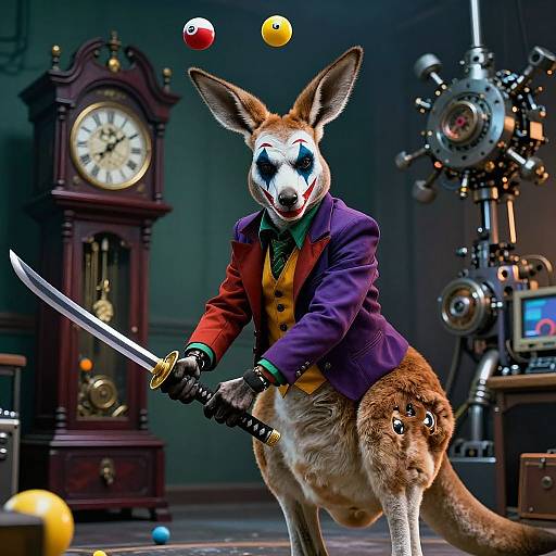 Photorealistic digital art of a kangaroo in a purple suit, red vest, holding a sword, with clown makeup and floating balls in a ste