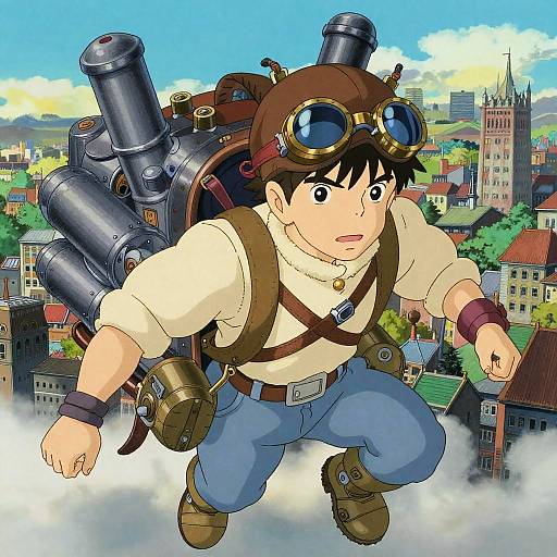 Anime-style drawing of a brown-haired boy wearing goggles, brown vest, and blue pants, flying over a city with a large steam-powered cannon on his
