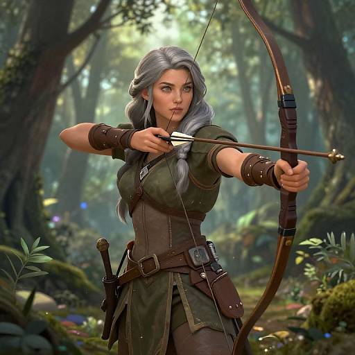 Digital art of a silver-haired, green-eyed archer woman drawing a bow in a lush, sunlit forest. She wears a brown leather tunic