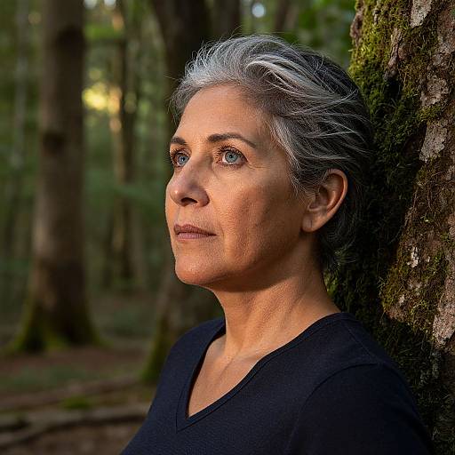 Photograph of an older woman with silver-gray hair, blue eyes, and fair skin, standing against a moss-covered tree in a forest, wearing a