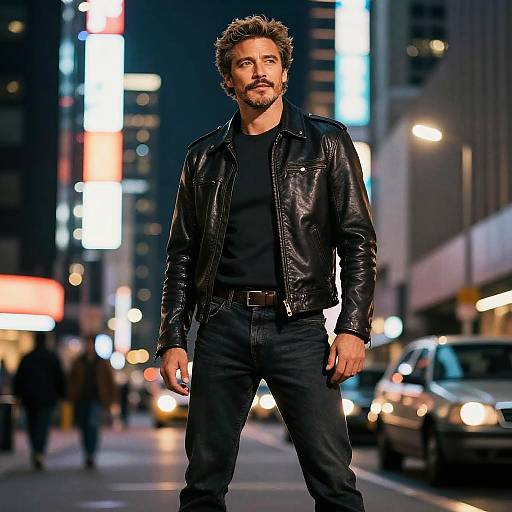 Photograph of a handsome, bearded man with tousled brown hair, wearing a black leather jacket and jeans, standing confidently on a bustling, neon