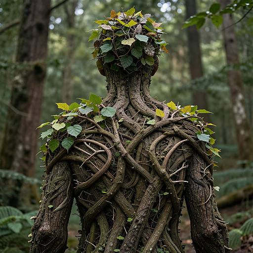 Photograph of a tree-like humanoid figure with twisted branches and green leaves for hair, standing in a dense, forested background.