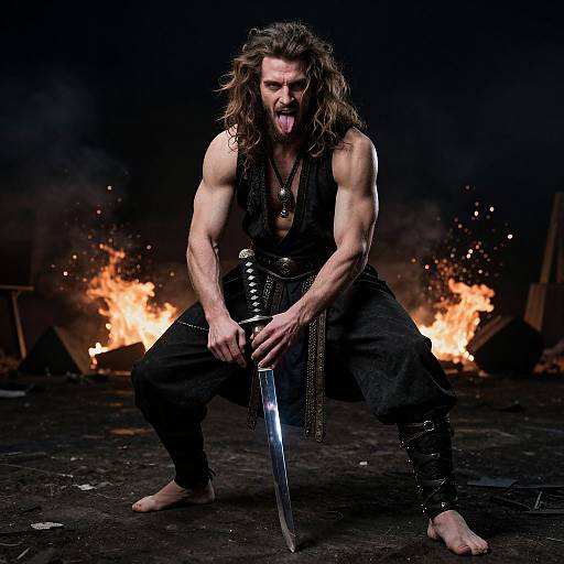 Photograph of a muscular, long-haired man with wild expression, bare-chested, black pants, holding sword, crouched in front of fiery