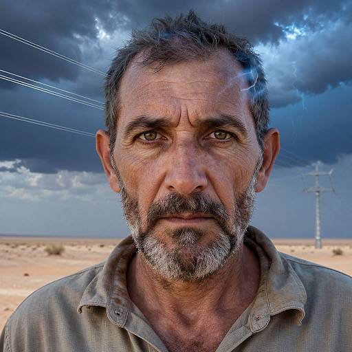 Photograph of a weathered, middle-aged man with gray hair and beard, intense gaze, wearing a beige shirt, under a stormy sky in