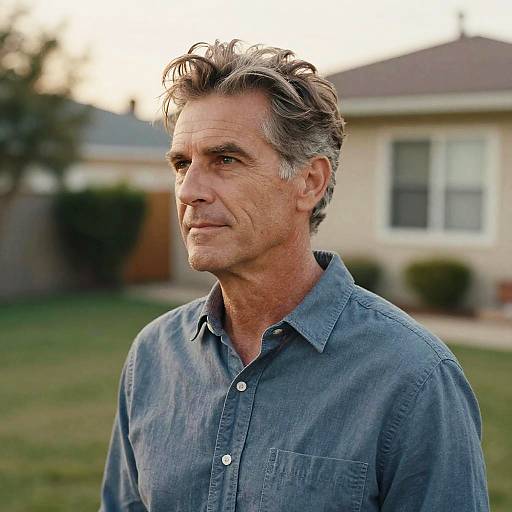 Photograph of mature, middle-aged man with gray hair, wearing a blue button-up shirt, standing outdoors in front of a suburban house.