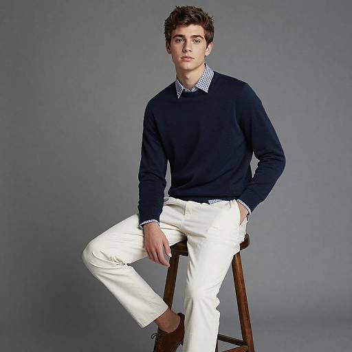 Photograph of a young white man with short brown hair, wearing a dark blue sweater, white pants, and brown shoes, sitting on a stool against