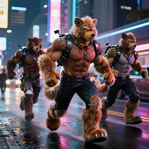 Digital artwork of three muscular, anthropomorphic wolf warriors with fur, harnesses, and black pants, running through a neon-lit, rainy city street