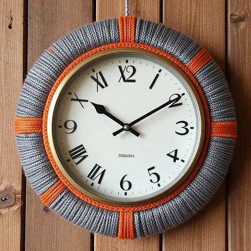 Photograph of a round, analog clock with a gray and orange woven frame, black hands, and white face, mounted on wooden planks.