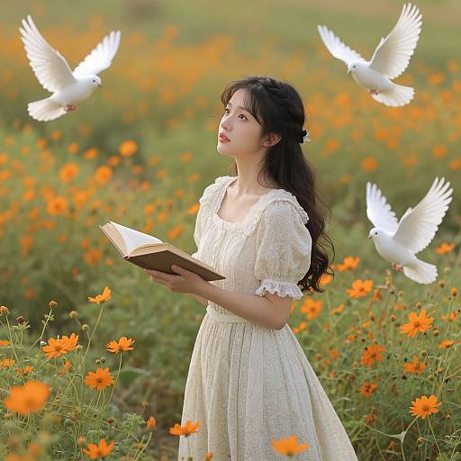 Photograph of an Asian woman with long black hair in a white lace dress, reading a book in a vibrant orange flower field, surrounded by four white