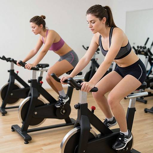 Photograph of two women in a gym, both on stationary bikes, wearing sports bras and shorts, focusing intently on their workout.