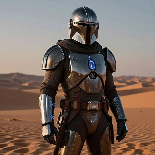 Photograph of a Mandalorian warrior in shiny silver armor with blue emblem, black gloves, and helmet, standing in a desert with orange sand dunes