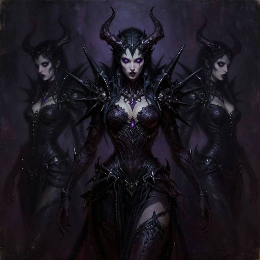 Digital fantasy artwork of a dark, demonic queen with black horns, intricate armor, glowing eyes, and three shadowy reflections in a dark, purple-h