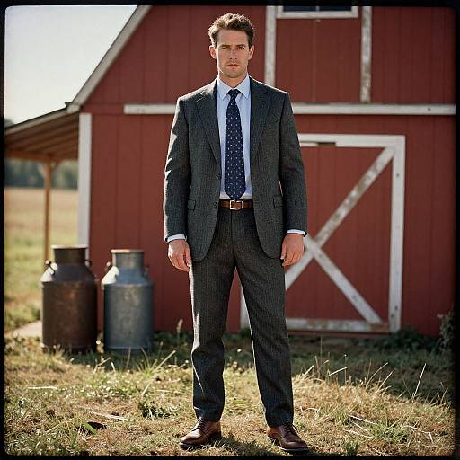 Photograph of a handsome man in a gray pinstripe suit, white shirt, and blue polka-dot tie, standing in front of a red
