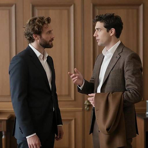 Two Men Discussing in Wooden Paneled Room