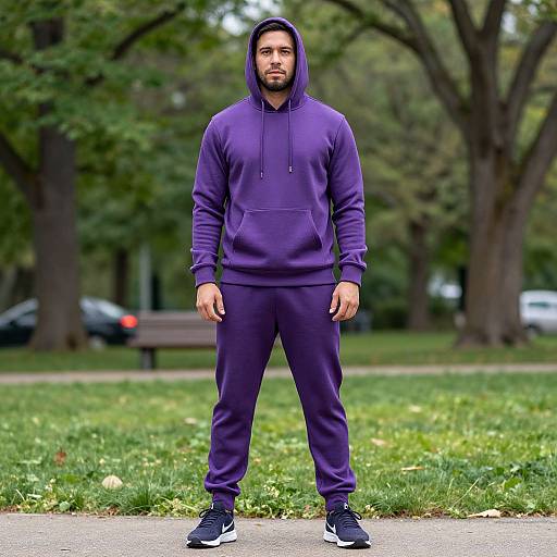 Photograph of a bearded man in a purple hoodie and pants, standing in a park with green grass and trees.