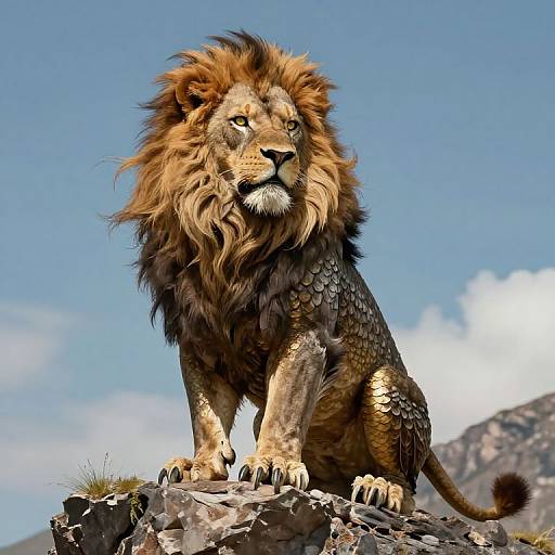Digital art of a majestic lion with a golden mane and scaled body, sitting on a rocky outcrop under a clear blue sky.