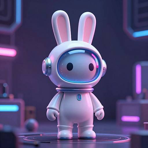 Neon-lit CGI rabbit robot with a glossy white body, round black eyes, and large ears stands on a glowing platform.