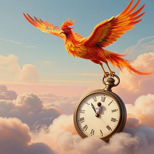 Digital artwork of a vibrant, fiery phoenix perched on a large, antique pocket watch with Roman numerals, soaring above fluffy clouds against a bright blue