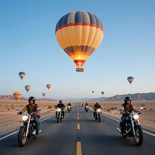 Photograph of motorcyclists riding on a desert road with colorful hot air balloons soaring in the clear blue sky above.