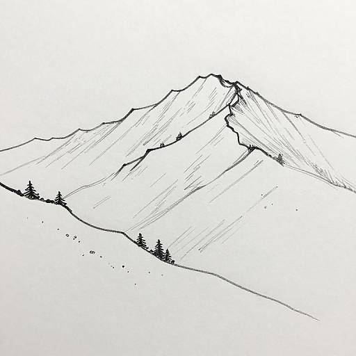 Black-and-white line drawing of a mountain range with sharp peaks, dotted with small pine trees, set against a stark white background.