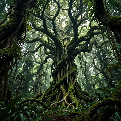 Photorealistic digital art of a massive, ancient, twisted tree with gnarled roots and moss-covered bark, surrounded by dense, foggy forest