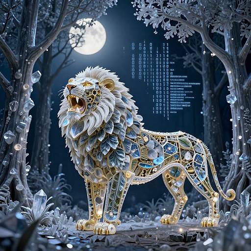 Botanical Clockwork Lion Under Moonlight
