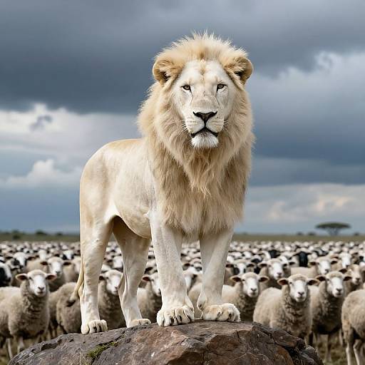 Majestic White Lion Among Sheep