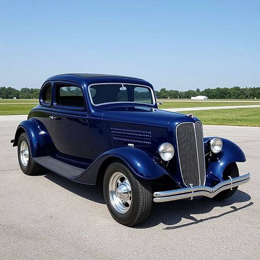 Photograph of a shiny, deep blue vintage 1930s sedan with chrome accents, parked on a sunny, empty asphalt lot, with a grass