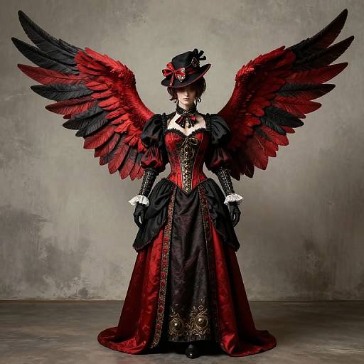 Photograph of a Gothic-style woman in a black and red corset dress with large, detailed black and red feathered wings, wearing a black hat