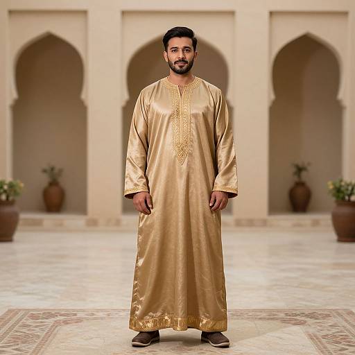 Photograph of a bearded man in a shiny gold traditional long tunic standing in a beige archway courtyard with potted plants.