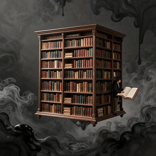 Floating, wooden bookshelf filled with books, floating above dark, smoky background with black ink drips. Person in black reads open book from shelf