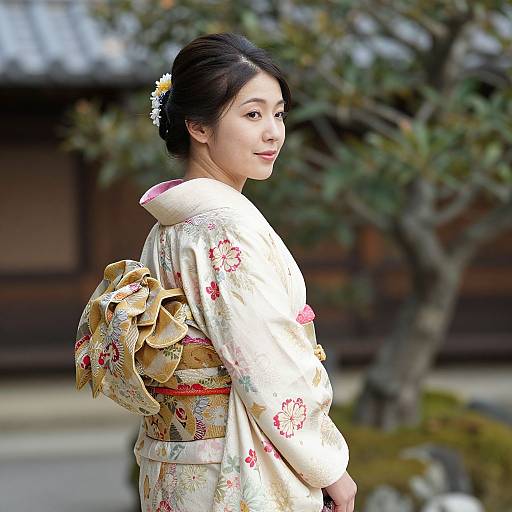 Photograph of an elegant Japanese woman with fair skin, black hair in an updo, wearing a white floral kimono and gold obi, standing