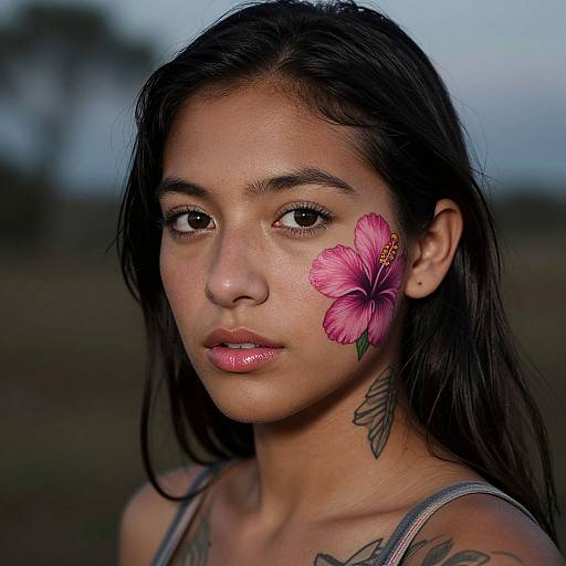 Photograph of a young woman with long black hair, brown eyes, and a pink hibiscus flower tattoo on her right cheek, wearing a