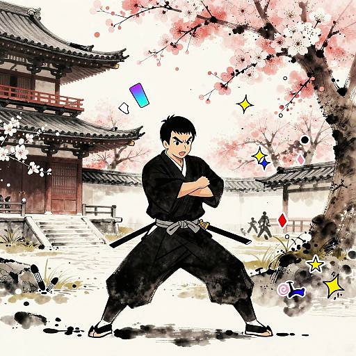 Joyful Samurai Battle Prep in Ink Style