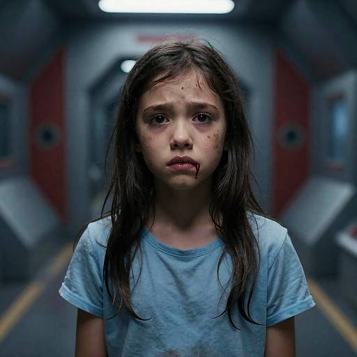 Distressed Girl in Futuristic Hallway