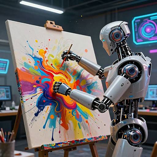 Photograph of a white, humanoid robot painting a vibrant, abstract splatter painting with bright orange, blue, and yellow colors on an easel in