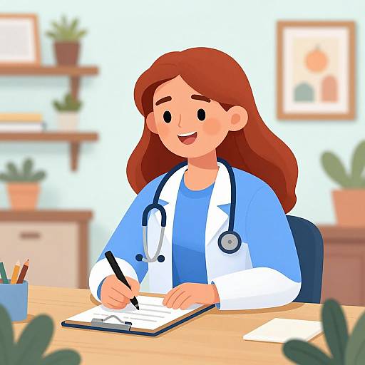 Cartoon illustration of a smiling female doctor with long brown hair, wearing a white coat and blue shirt, writing on a clipboard. Background includes blurred office